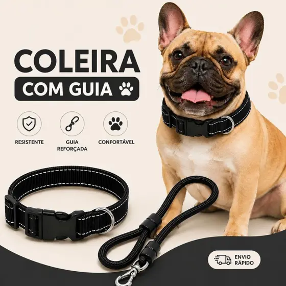 Kit Coleira ajustável com guia de passeio reforçada para cachorro pet