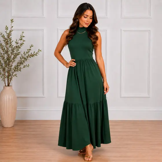 Vestido Longo Feminino de Malha Confortável Saia Plissada Elegante Cores Versáteis 442