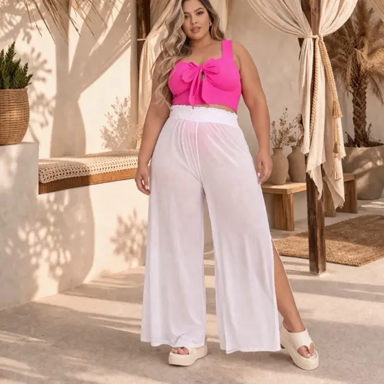 Saida De Praia Plus size Calça Pantalona com fenda lateral