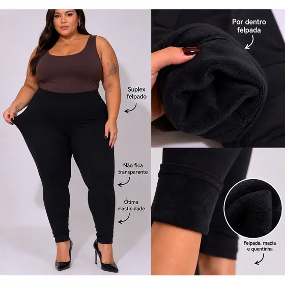 Calça Legging Plus Size Peluciada Térmica Suplex Grosso Cintura Alta