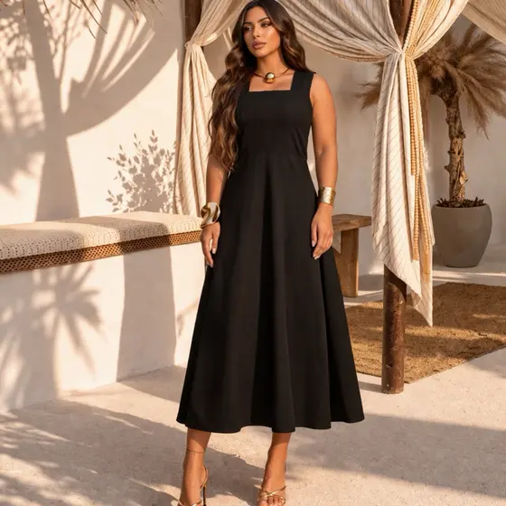Vestido feminino casual Midi de linho Cru alça grossa