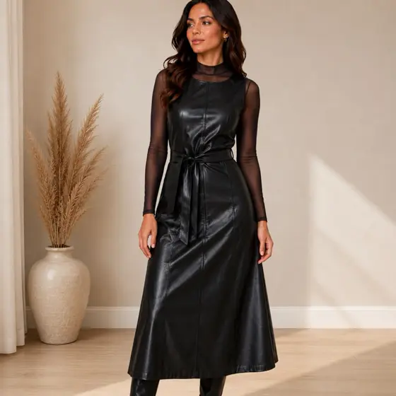 Vestido longo feminino de couro fake acinturado manga regata com faixa