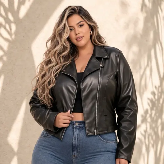 JAQUETA PRETA FEMININA DE COURO FAKE PLUS SIZE