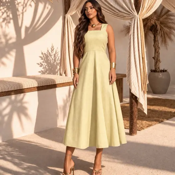 Vestido Feminino Midi Longo de linho alças grossas com bolso
