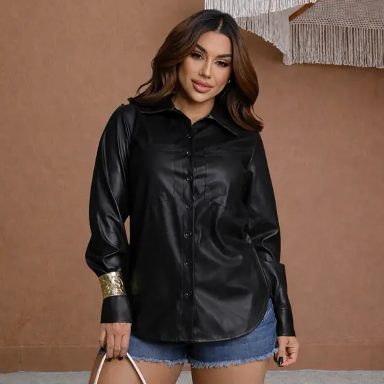 CAMISA DE COURO COM BOLSO MANGA LONGA