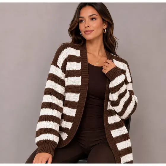 Cardigan Feminino Tricô Listrado Manga Longa Aberto Casual Inverno