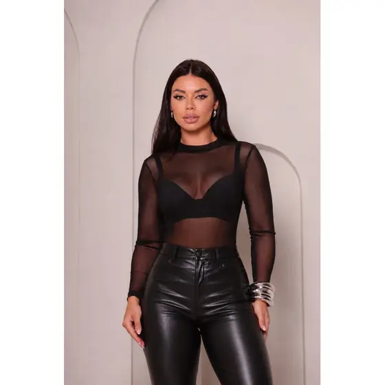 Body de Tule Feminino manga longa gola alta segunda pele transparente