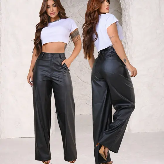 Calça pantalona feminina Wide leg couro fake cintura alta com bolsos