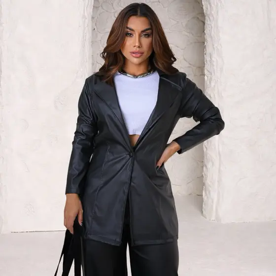 Parka feminina de couro fake sobretudo jaqueta