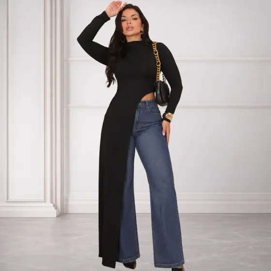 Blusa Feminina Assimétrica Manga Longa Suplex Premium Recorte Lateral Moda Feminina Elegante