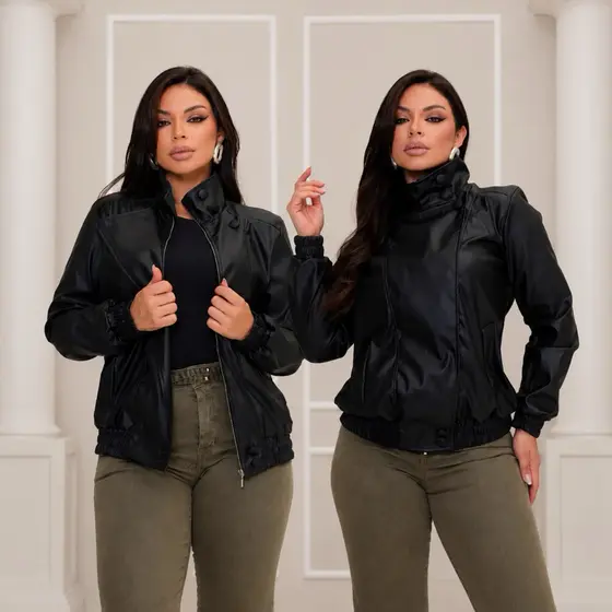Jaqueta Feminina Bomber Couro Eco Gola Alta Premium Manga Longa Inverno Casual