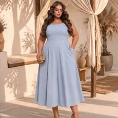 Vestido feminino em linho plus size midi alças largas com bolso