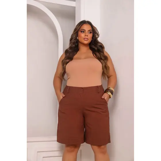 Bermuda social feminina Plus size de alfaitaria marrant com bolsos