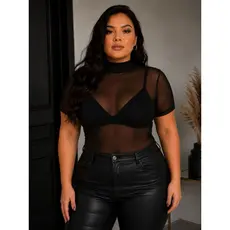 Blusa Feminina Plus Size Tule Transparente Manga Curta Gola Alta