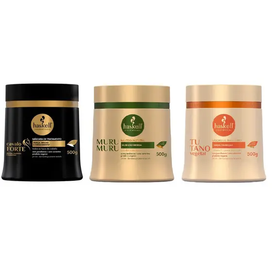 Kit Cronograma Capilar Haskell Máscara Cavalo Forte 500g, Máscara Murumuru 500g, Máscara Tutano Vegetal 500g
