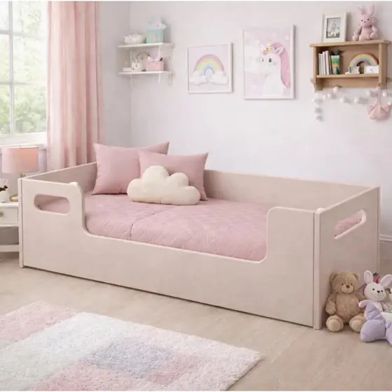 Cama Infantil Montessoriana Rosa Quarto Do Bebê Menina Proteção Lateral Resistente
