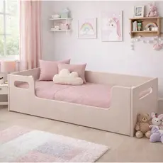 Cama Infantil Montessoriana Rosa Quarto Do Bebê Menina Proteção Lateral Resistente