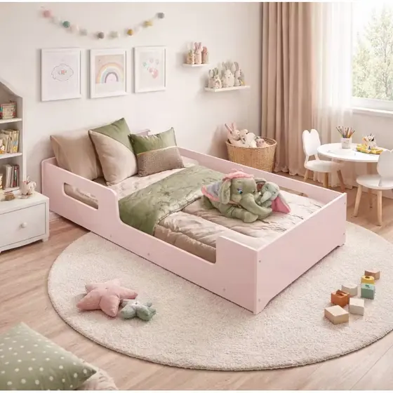 Cama Infantil Montessori 188x88 Solteiro Rose - Estrutura Segura em MDF - Baixa de Facil Acesso
