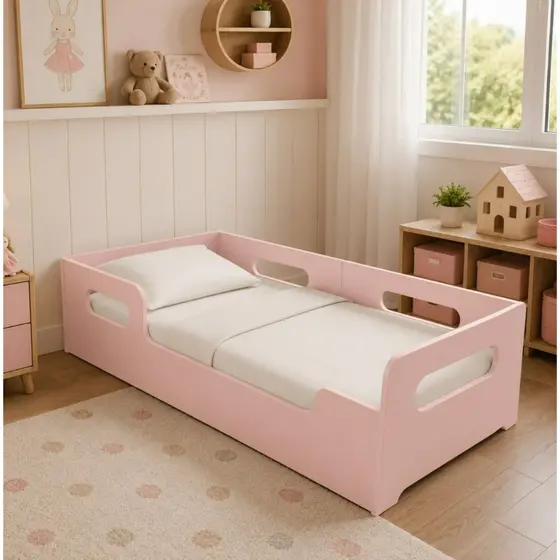 Cama Montessoriana Solteiro com Colchão D20 188x88 Grade Proteção Resistente Infantil Quarto Para Criança Cor Rosa