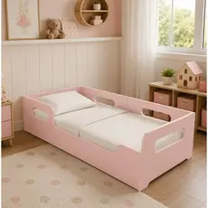 Cama Montessoriana Solteiro com Colchão D20 188x88 Grade Proteção Resistente Infantil Quarto Para Criança Cor Rosa