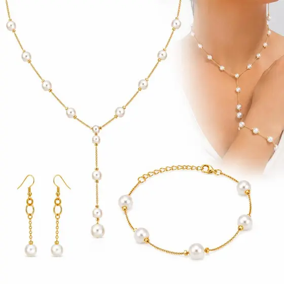 Conjunto Colar Brinco Pulseira Dourado E Prata Banhado Perolas Brilhantes