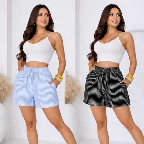 Short Feminino Listrados con  Elástico e sofisticado amarraçao modelo conforto  verao 2026