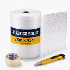 Plástico Bolha 25m x 43cm Bobina p/ Embalagem Mudança Proteção + Brinde Estilete e Fita Adesiva