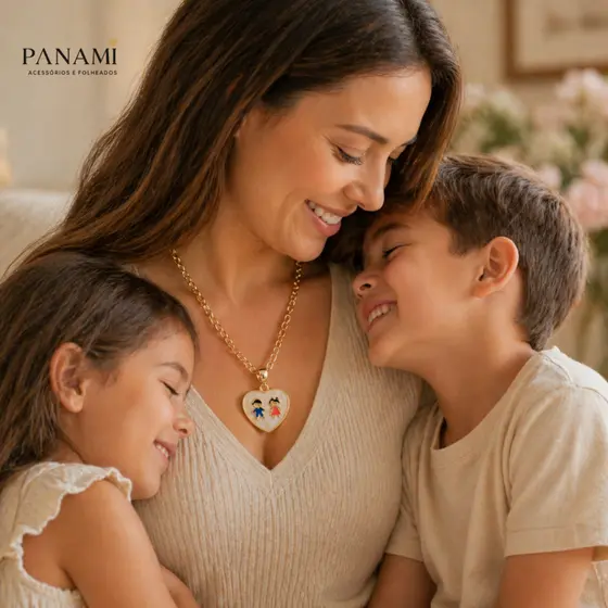 Colar Elo Português Pingente Filhos Moda Tendência Ouro 18k