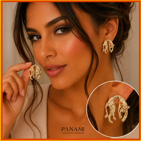 Brinco Onça Dourado Folheado Feminino | Luxo Pantera Elegante Animal Fashion Presente para Mulher