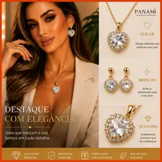 Conjunto Colar e Brincos Coração verde esmeralda com Zircônia Dourado Feminino Elegante Luxo