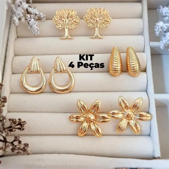 KIT Brinco dourado feminino - KIT 4 peças brincos banhado - brinco da moda