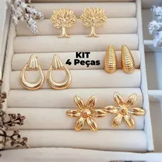 KIT Brinco dourado feminino - KIT 4 peças brincos banhado - brinco da moda