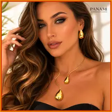 Conjunto brinco e colar choker gota dourada estilizado moderno