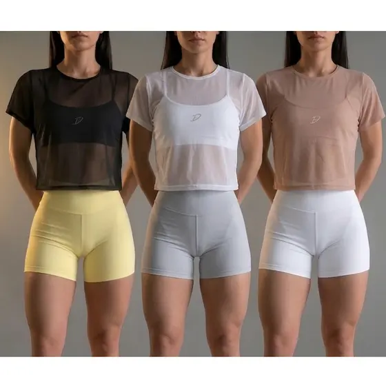 KIT DE 3 Cropped de Tule Feminino Manga Curta Tendencia