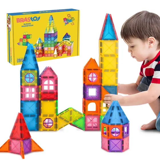 Blocos Magnéticos Mate Brastoy 120 Peças Brinquedo Educativo Infantil