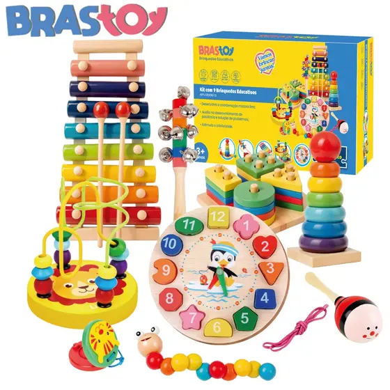 Brastoy Kit De 9 Brinquedos Montessori Em Madeira, 3+ Anos, Xilofone E Sino, Brinquedo Educativo