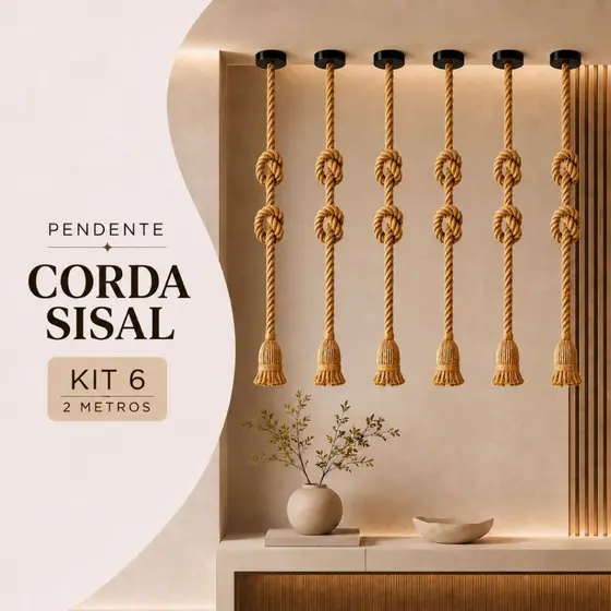 Kit 6 Pendente Luminária Corda 2 Metros Bivolt 110v/220v Retro Vintage Rústico Decorativo E27 Sisal