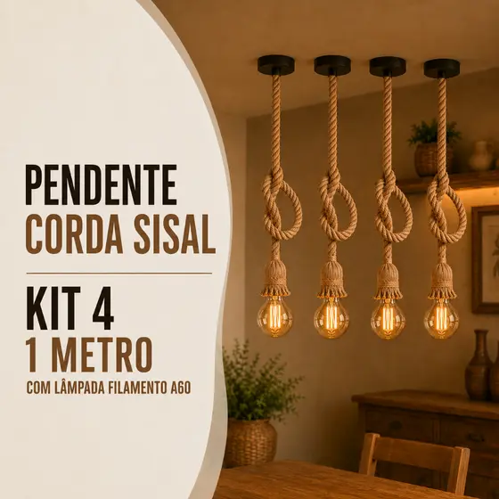 Kit 4 Pendente Corda 1 Metro com 4 Lâmpadas Filamento Âmbar A60 Bivolt 110v/220v Vintage Decorativo