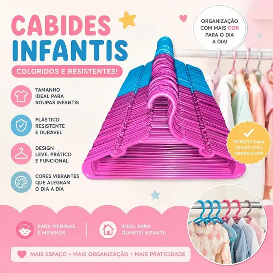 Cabide Infantil  kits com 30, 40, 50 ou100 Unidades | Menina | Menino | Plástico Durável