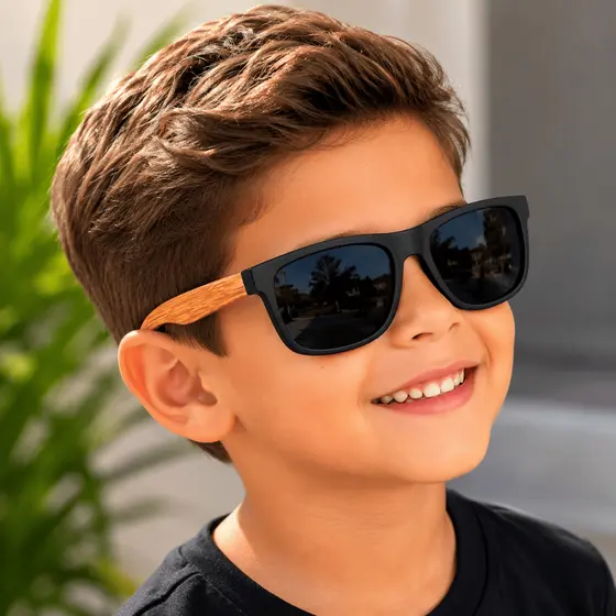 Óculos de Sol Infantil Lente Preta lateral em Madeira Bambu Criança Menino Menina Proteção UV400