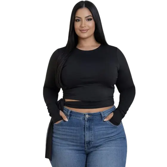 Cropped Feminino Plus Size Manga Longa com Amarração Lateral e Recorte na Cintura