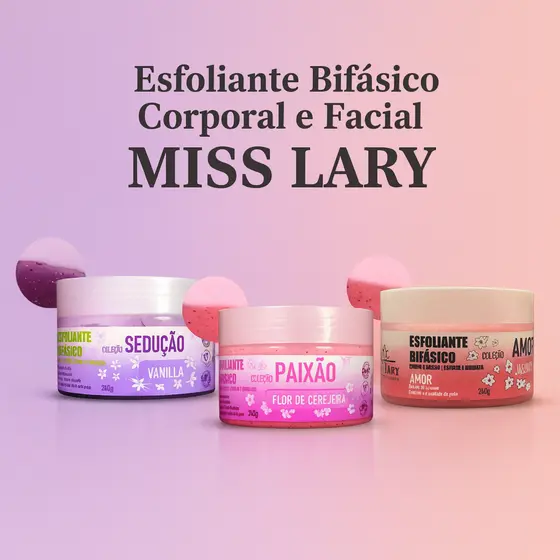 Esfoliante Bifásico Corporal e Facial Miss Lary  Esfolia e Hidrata Flor de Cerejeira Vanilla, Jasmim
