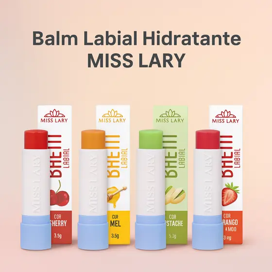 Balm Labial Hidratante Miss Lary Pistache, Mel, Cereja e Morango do Amor