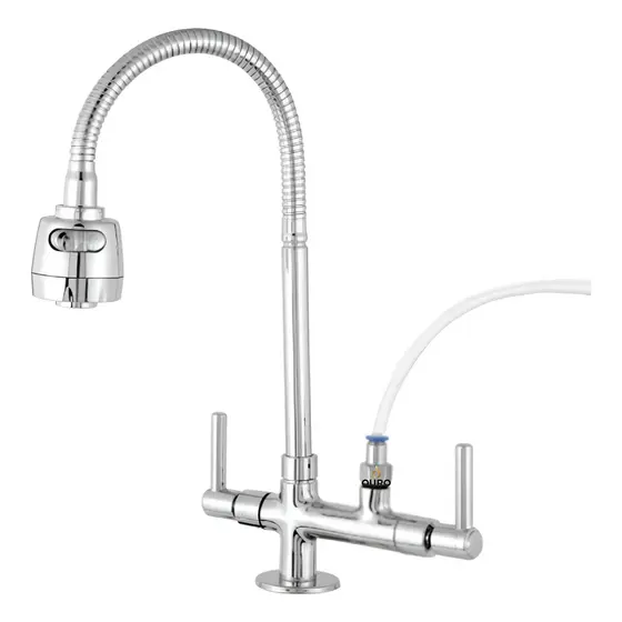 Torneira Flexivel Cromada Duplo Jato Com Saida Para Purificador e Filtro, Instalacao Bancada