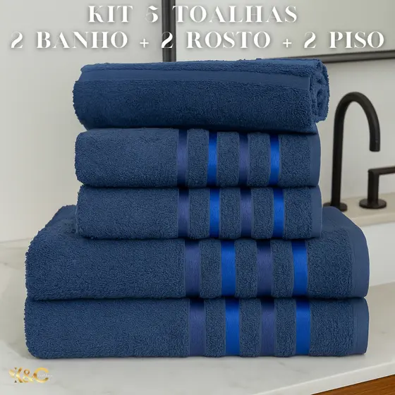 Kit Toalhas 5 Peças Premium (2 Banho + 2 Rosto + 1 Piso) - 100% Algodão - Linha ÔNIX