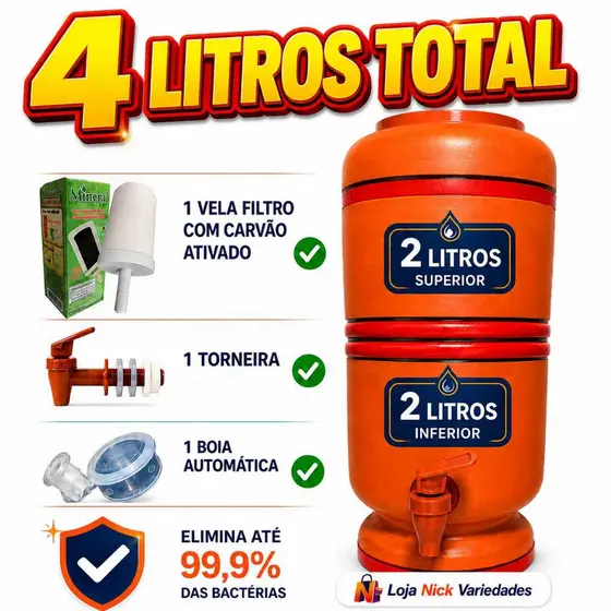 Filtro de Barro 4 Litros Completo com Vela de Carvão Ativado + Boia Automática + Torneira + água saudável