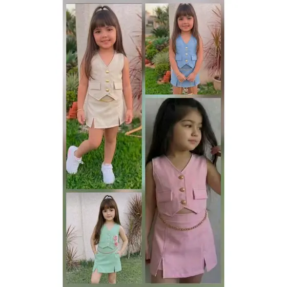 roupa Conjunto infantil e juvenil menina tendencia primaveira short saia e colete no alfaiataria con corrente 3 botoes