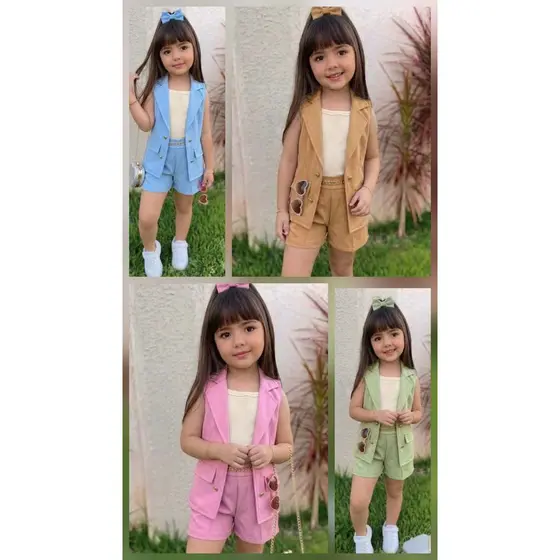 roupa conjunto infantil menina colete longo e short no alafaiataria e juvenil detalhe con corrente 4 botoes