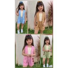 roupa conjunto infantil menina colete longo e short no alafaiataria e juvenil detalhe con corrente 4 botoes