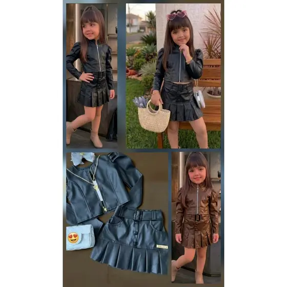 roupa conjunto infanto juvenil menina couro fack jacketa con ciper e short saia con cinto e fivela e botoes couro